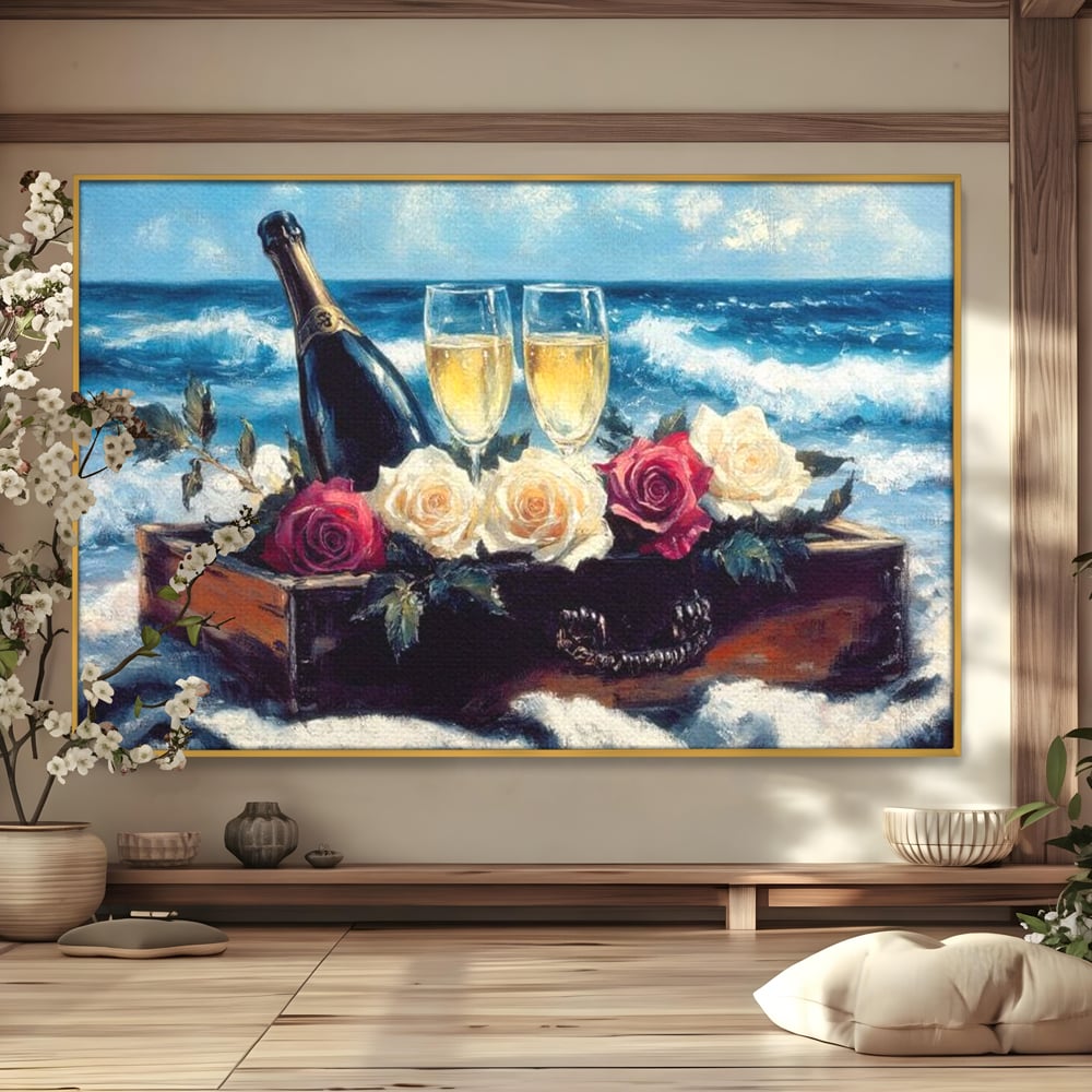 Tablou canvas cu pictura cu sampanie si trandafiri pe malul marii, in rama de aluminiu auriu